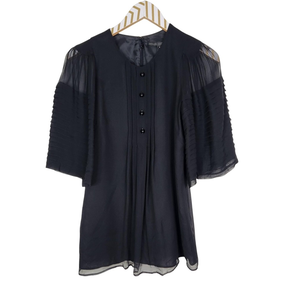 ROBERT RODRIGUEZ Shirt Womens 6 Black Silk Sheer Pleated Sleeve Tunic Blouse